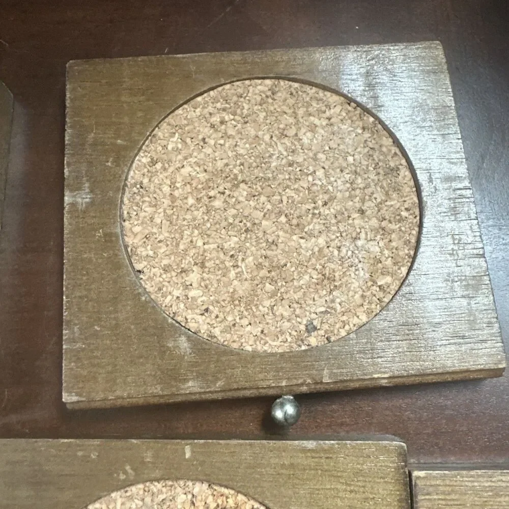 VTG Wood & Cork Coasters w/Wooden Storage Box Holder Handle Top 9 Total Pieces